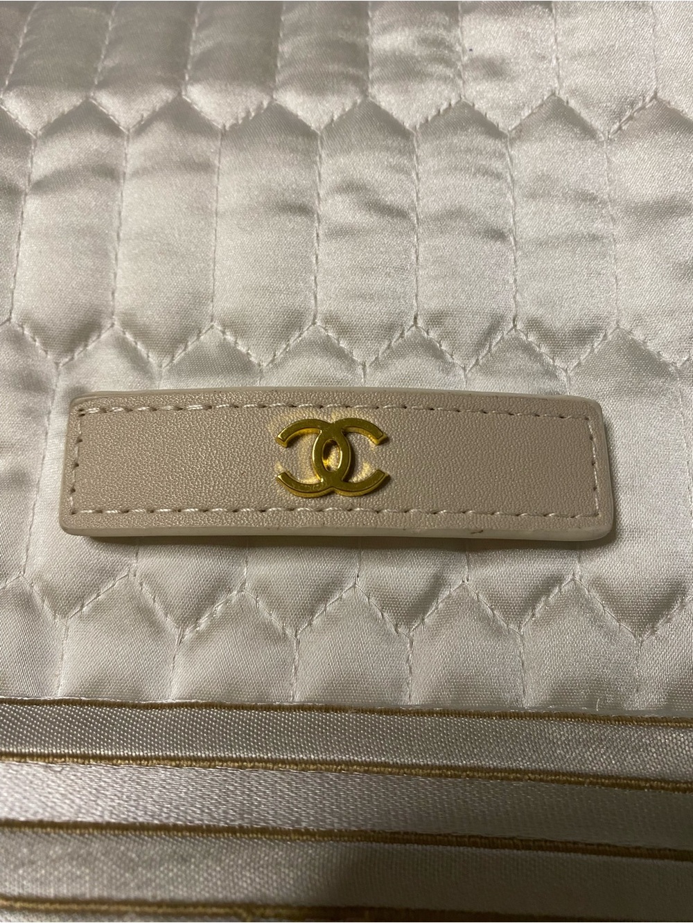 ChaneI Beige Leather Hair Barrette with Gold- Tone CC Logo